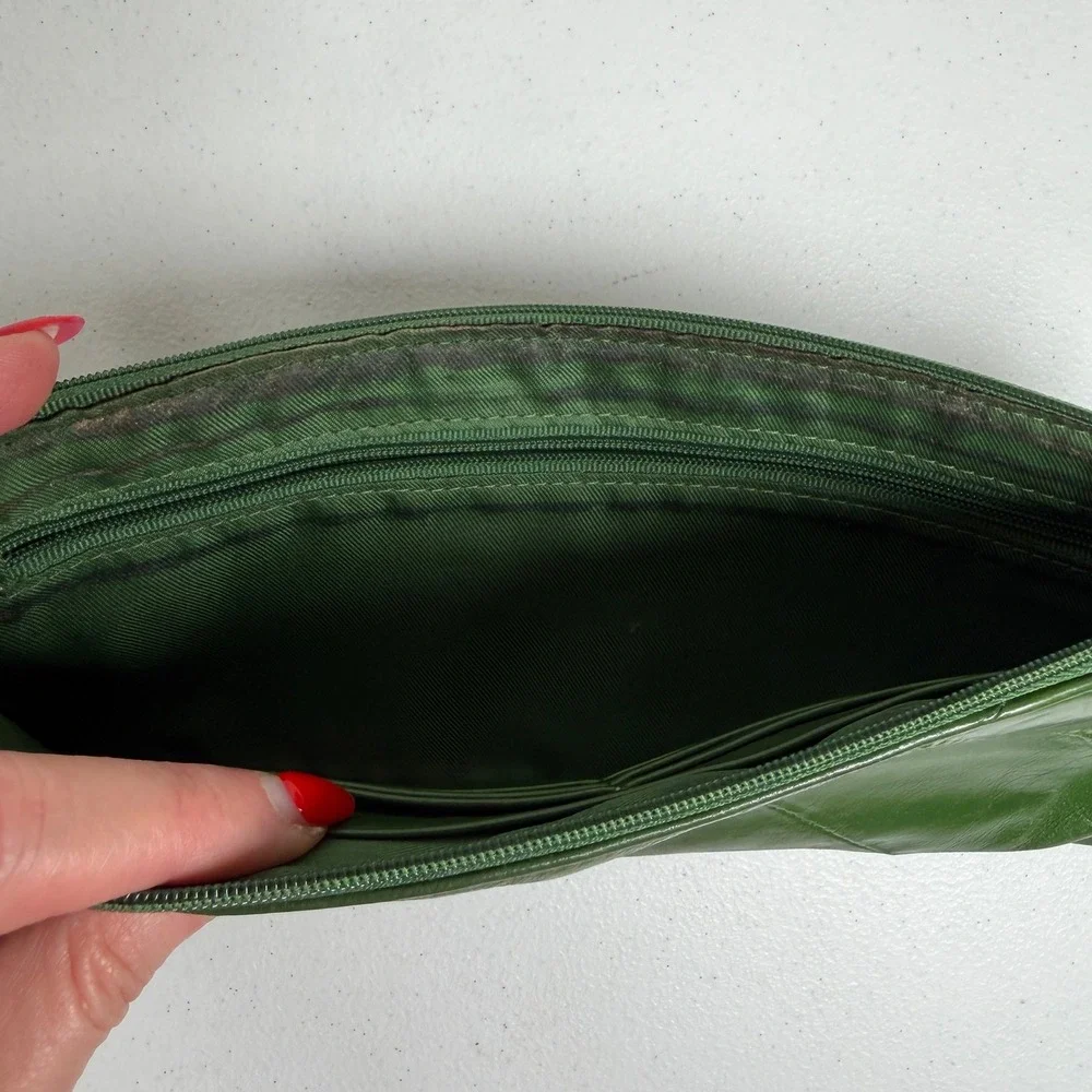Boho Green Genuine Leather Patchwork Zip Clutch Wallet Slim Bell Charm